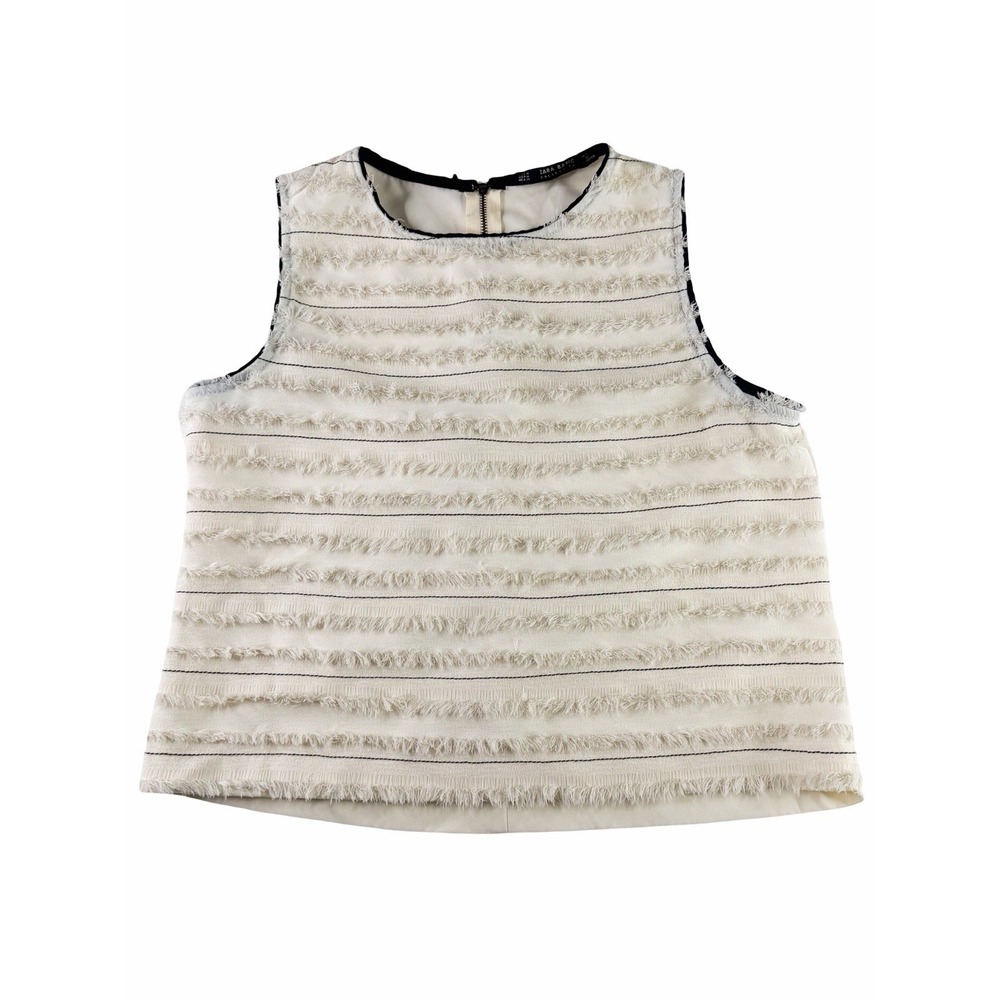 Zara Basic Collection Sleeveless Fringe Textured Top Ivory Black Trim Size M